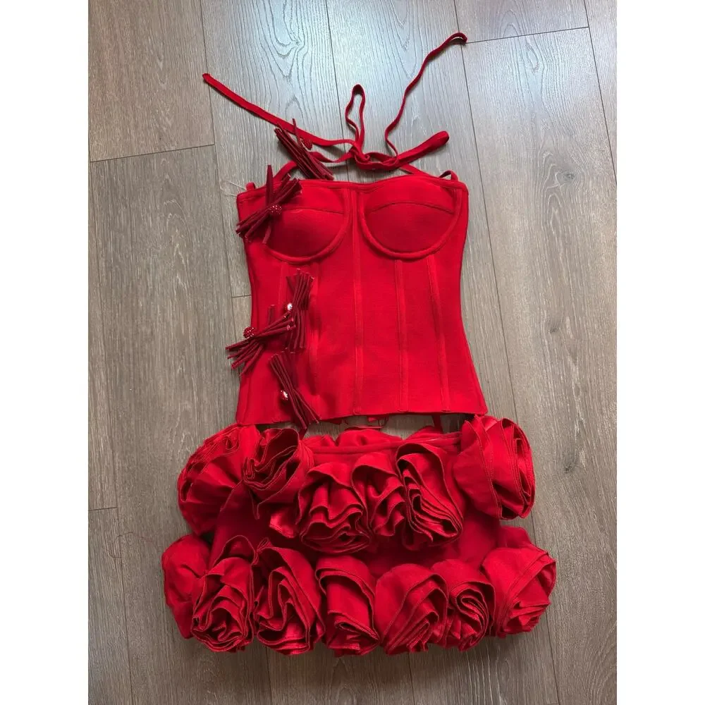 Ethan Design Halter Rose Floral Corset 2-Pieces‎ Dress in Red Small